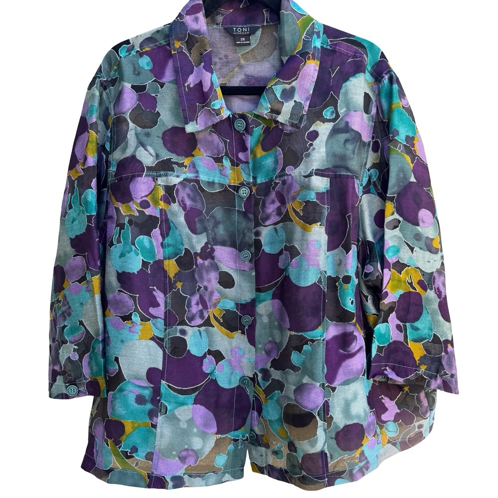 Toni Morgan Abstract Watercolor Boho Lagenlook Layering Sheer‎ Shacket Jacket 2X